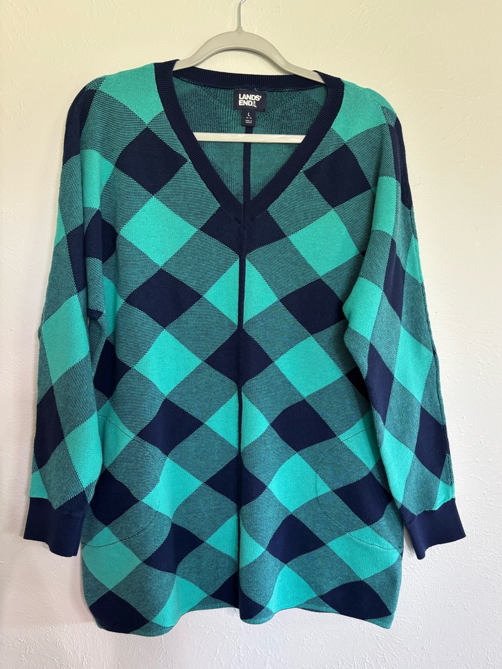 Lands' End Women's Teal and Navy Argyle V-Neck Sweater